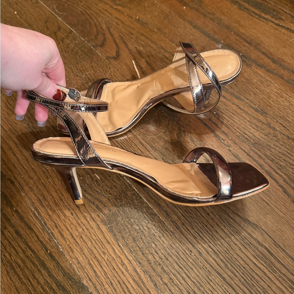 Anthropologie Metallic Bronze Strappy Kitten Heel Sandals